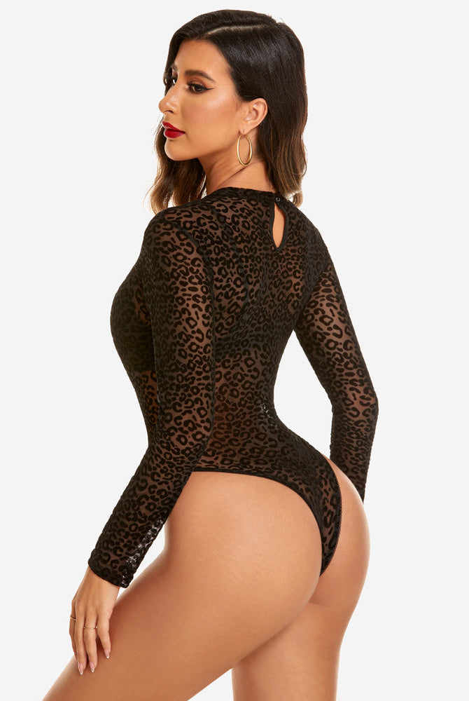 Black leopard print mesh bodysuit with long sleeves and crewneck. Sexy and confident lingerie.