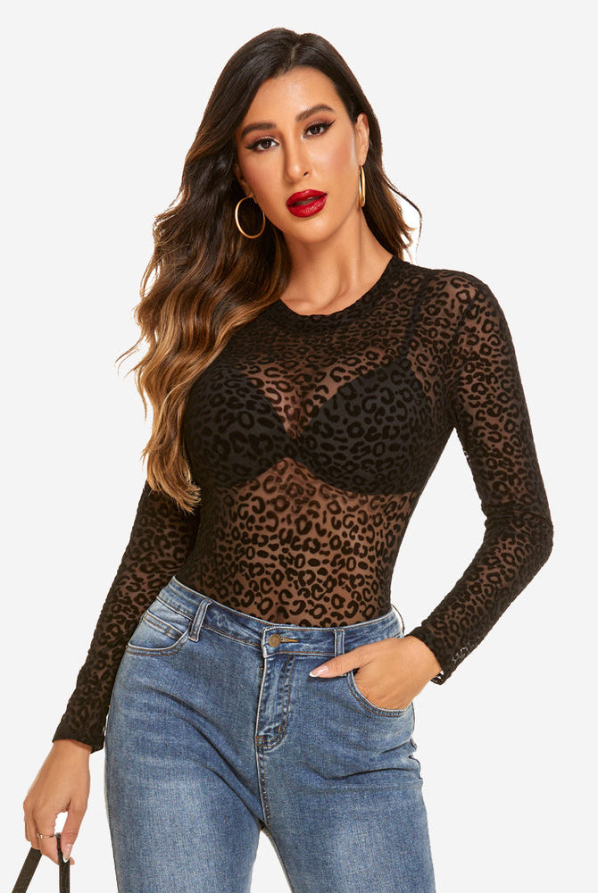 Black leopard print mesh long sleeve bodysuit, sexy lingerie for women.