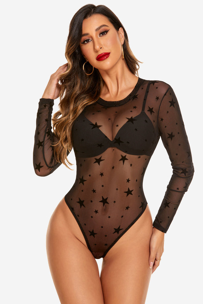 Black mesh bodysuit with star pattern and long sleeves. Sexy lingerie by Avidlove.
