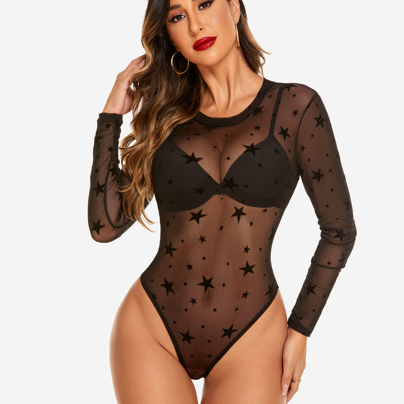 Black mesh bodysuit with star pattern and long sleeves. Sexy lingerie by Avidlove.