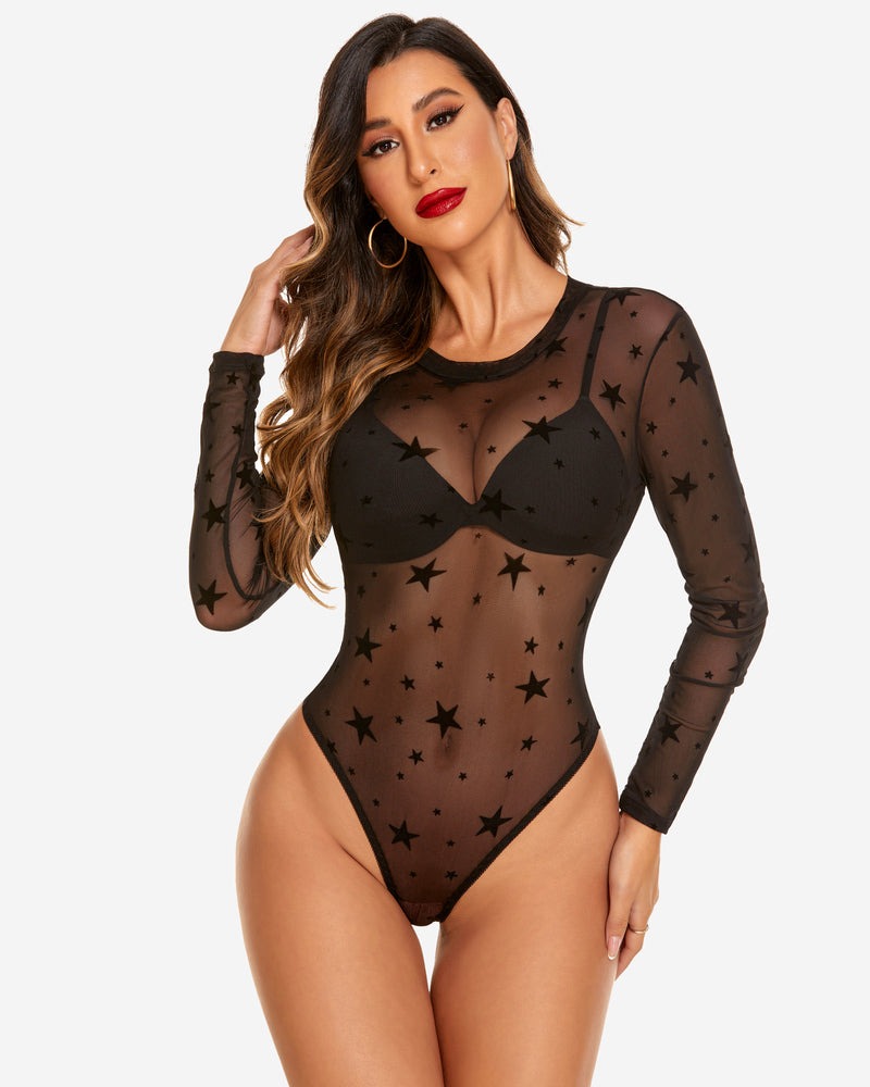Black mesh long sleeve star bodysuit, sheer lingerie. Sexy and confident Avidlove look.