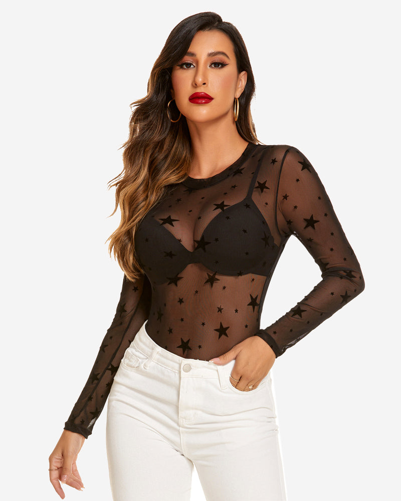 Black star mesh bodysuit with long sleeves, sexy and confident lingerie by Avidlove