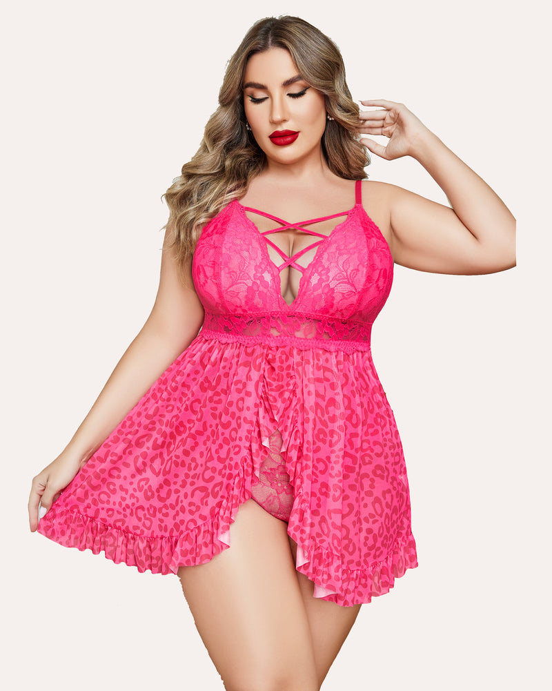 Plus Size Pink Babydoll Lingerie with Criss-cross Straps and Ruffle Hem