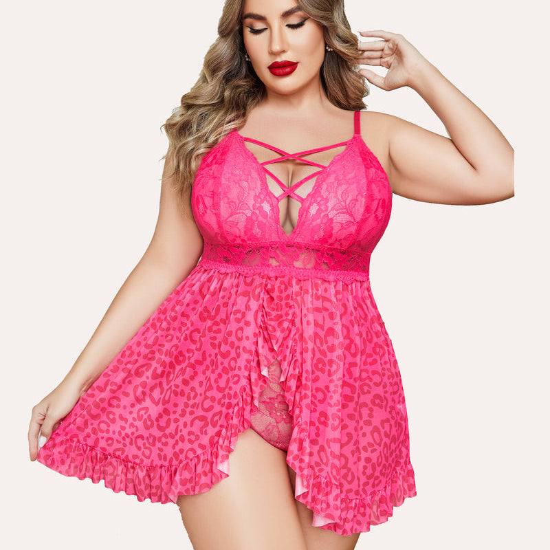 Plus Size Fuchsia Floral Print Babydoll Lingerie with Lace Bodice and Snap Crotch
