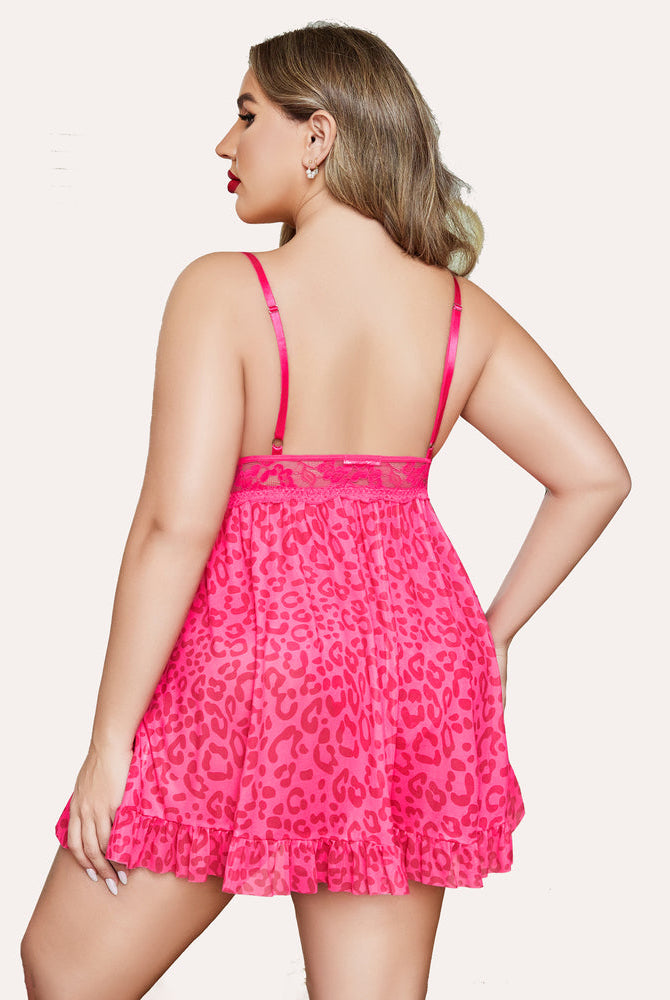 Plus Size Pink Leopard Print Babydoll Lingerie with Lace and Adjustable Straps
