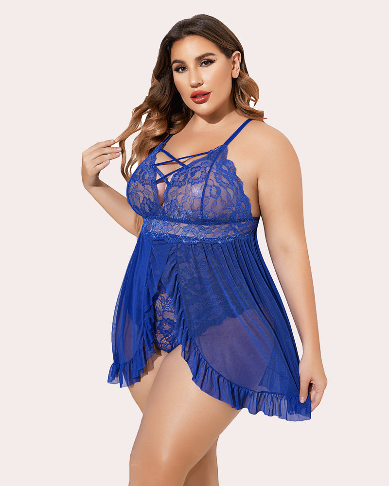 Plus Size Blue Babydoll Lingerie with Lace Bodice, Ruffle Hem and Snap Crotch