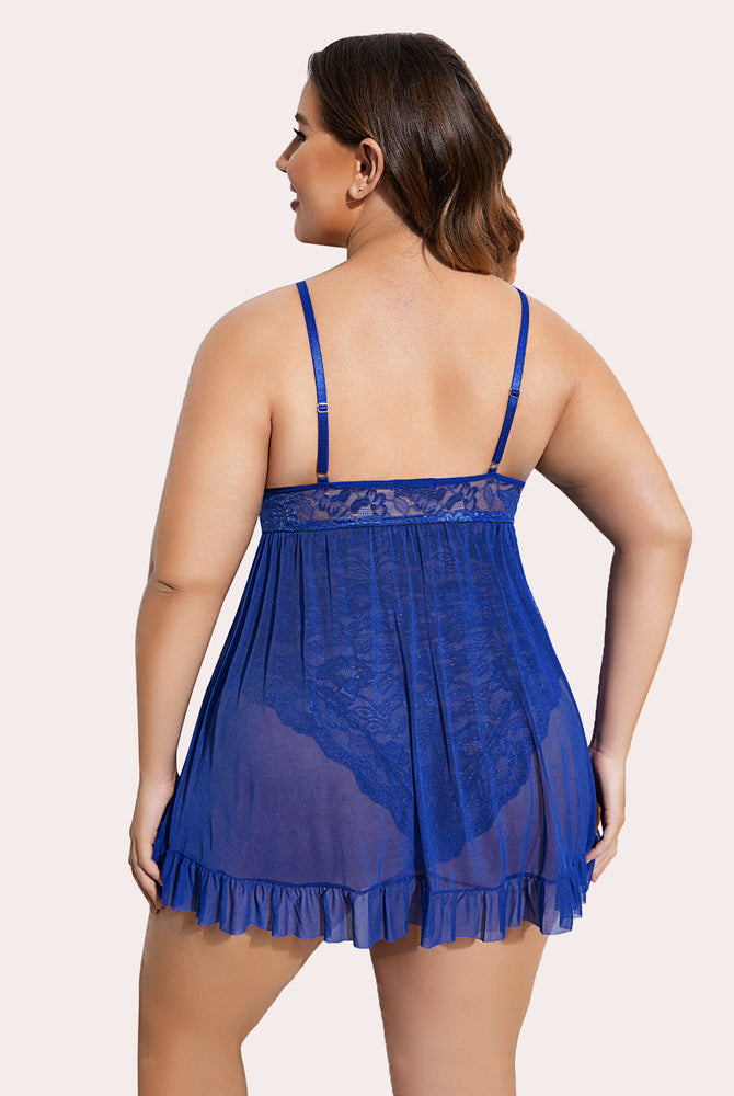 Plus size blue babydoll lingerie with lace and mesh overlay, featuring ruffle hemline