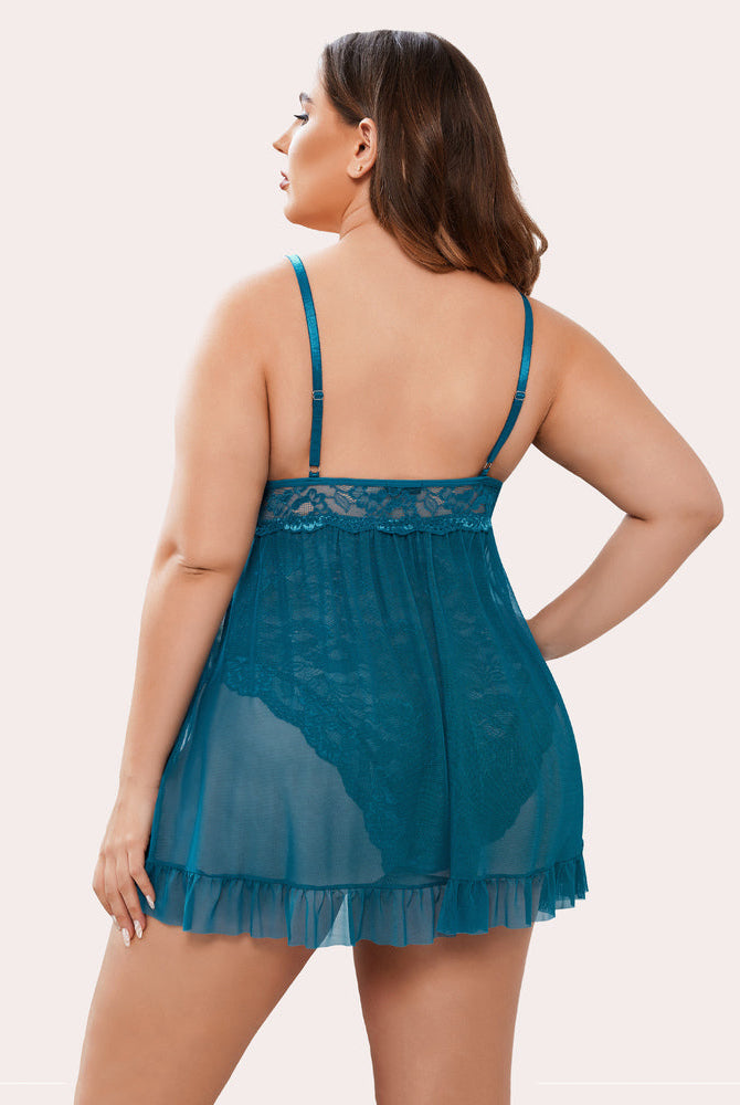 Plus Size Teal Babydoll Lingerie with Lace, Mesh Overlay and Ruffle Hem
