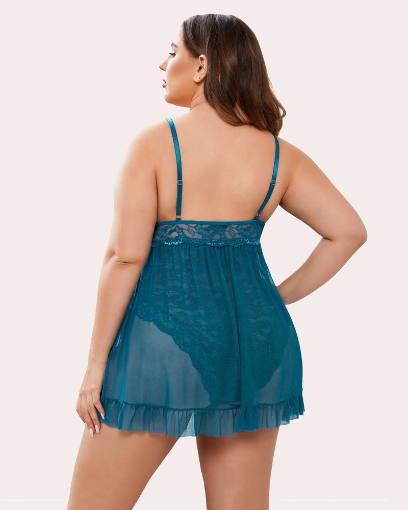 Plus Size Teal Babydoll Lingerie with Lace, Mesh Overlay and Ruffle Hem