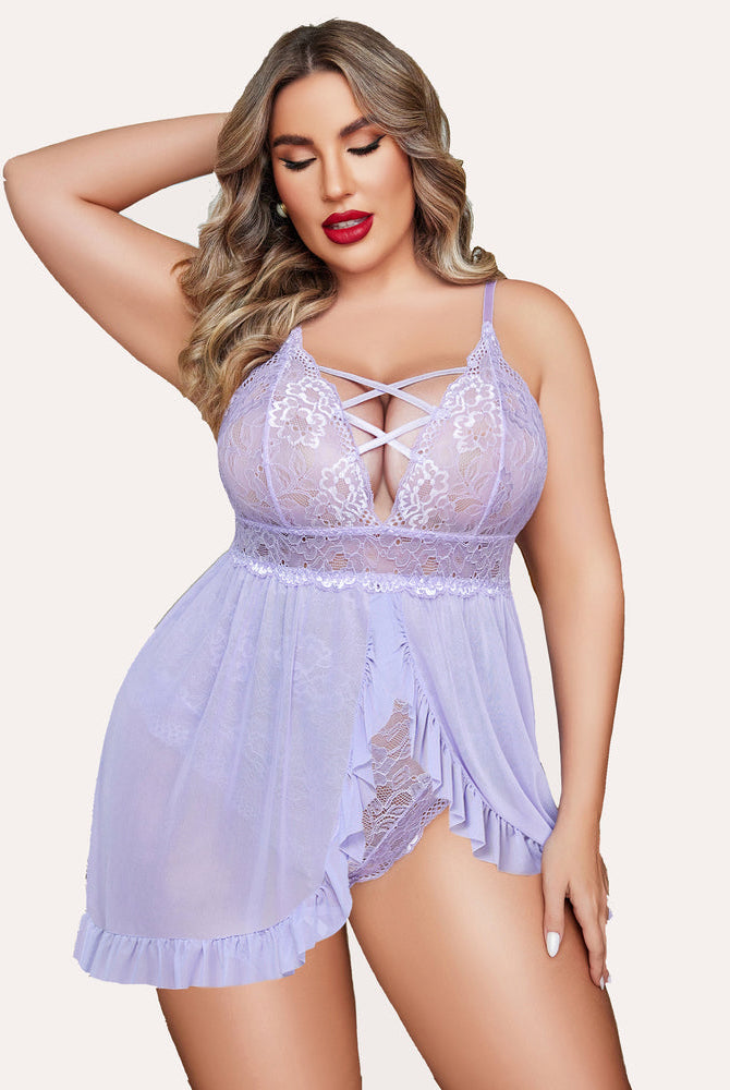 Plus Size Lavender Babydoll Lingerie with Lace Bodice and Ruffle Hem