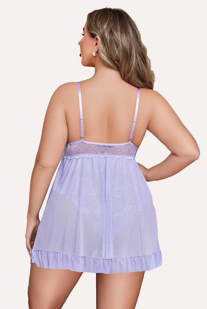 Plus size lavender babydoll lingerie with lace, ruffle hem, and adjustable straps - Avidlove
