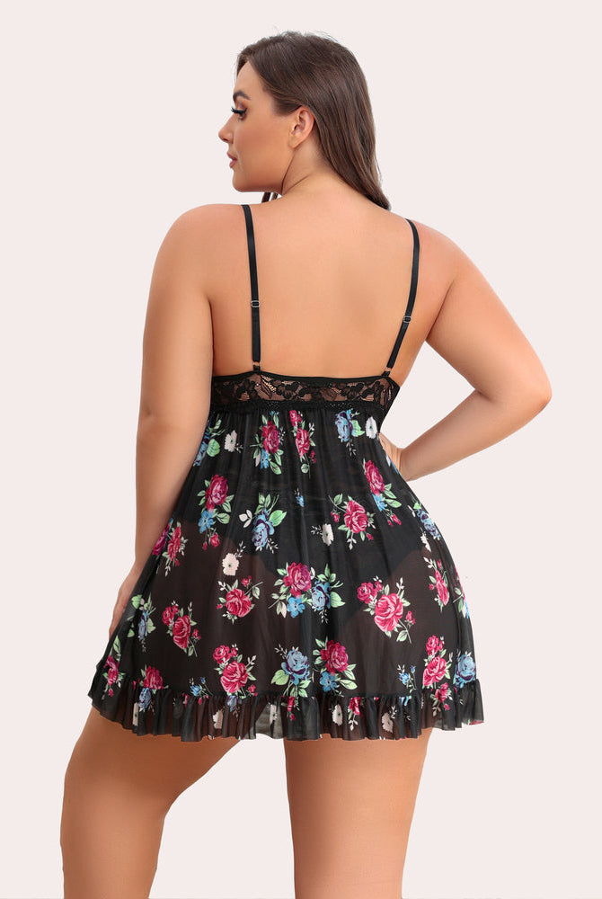 Plus Size Black Floral Babydoll Lingerie with Lace Back and Ruffle Hem, Featuring a Snap Crotch