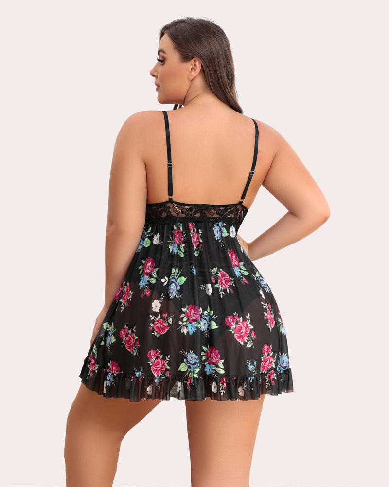 Plus Size Black Floral Babydoll Lingerie with Lace Back and Adjustable Straps