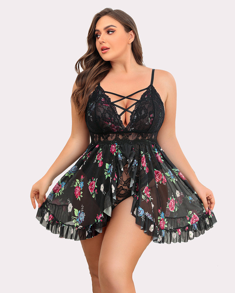Plus Size Floral Print Babydoll Lingerie with Lace Bodice and Snap Crotch, Avidlove