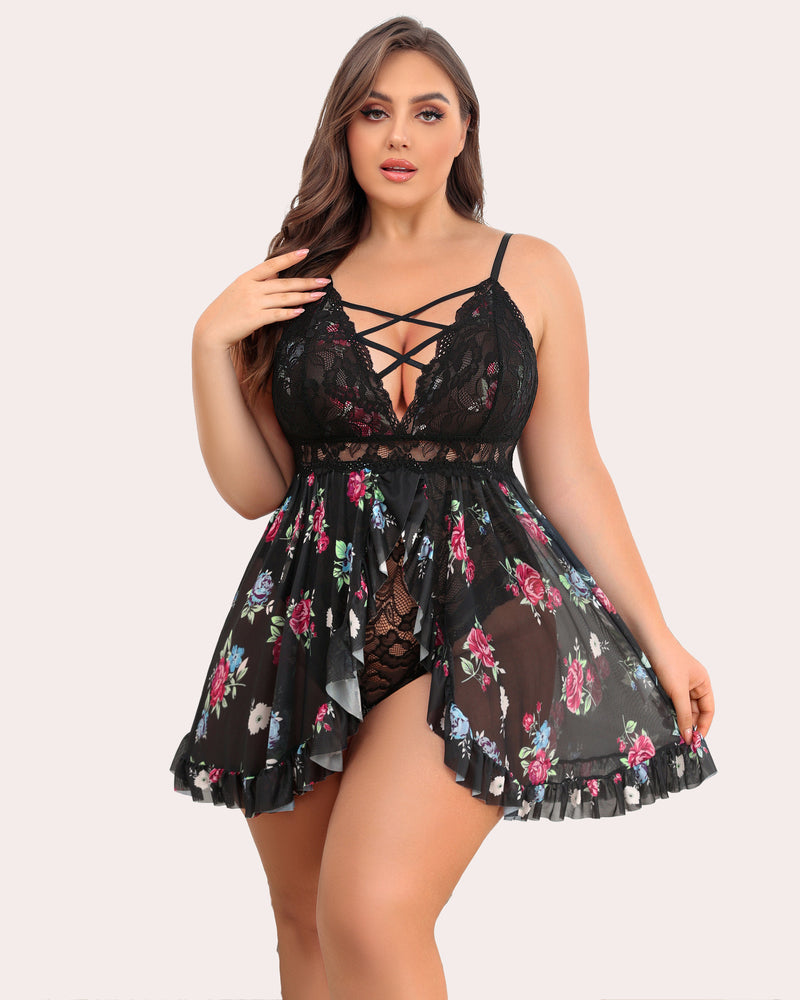 Plus Size Black Lace Babydoll with Floral Mesh Overlay and Criss-cross Straps
