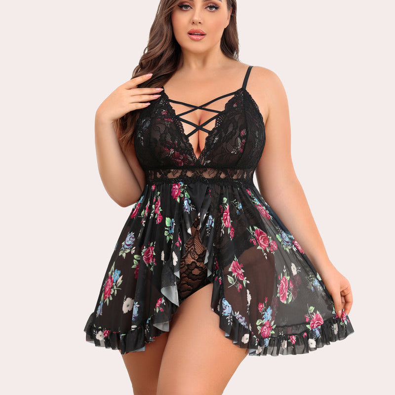 Plus Size Floral Print Babydoll, black lace and floral print, Avidlove lingerie for plus size women.