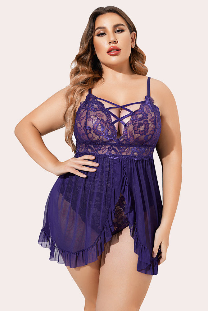 Plus Size Purple Babydoll Lingerie with Criss-cross Straps and Lace Detailing