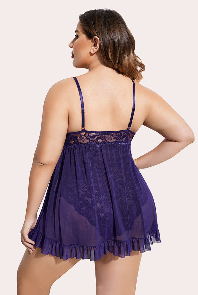 Plus size purple babydoll lingerie with lace bodice and adjustable straps, snap crotch