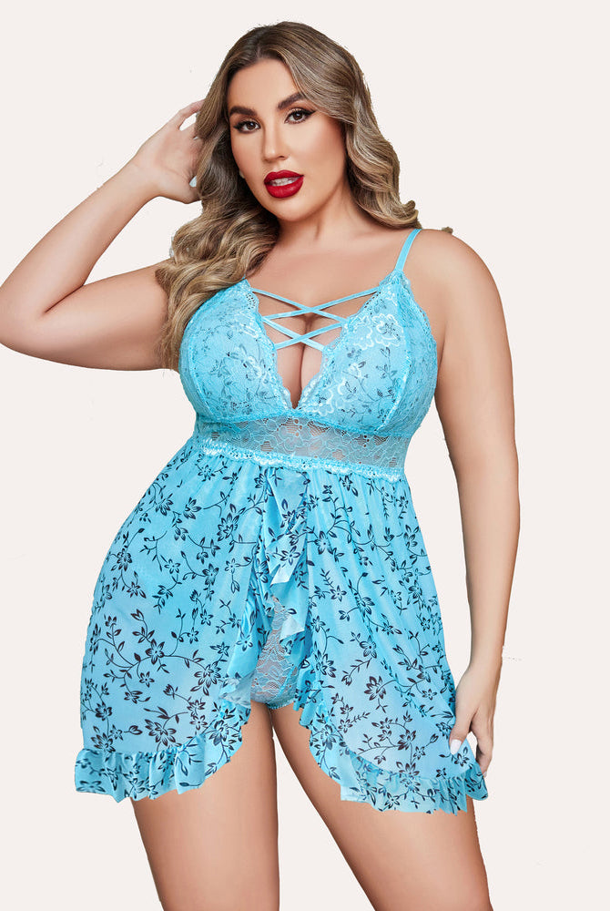Plus Size Floral Print Snap Crotch Babydoll Lingerie with Lace Bodice, Blue