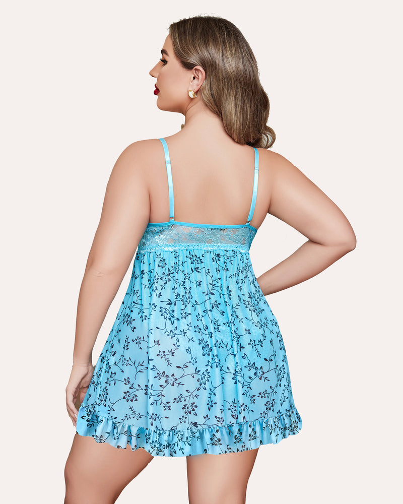 Plus Size Blue Floral Babydoll with Lace Bra, Criss-cross Straps and Ruffle Hem