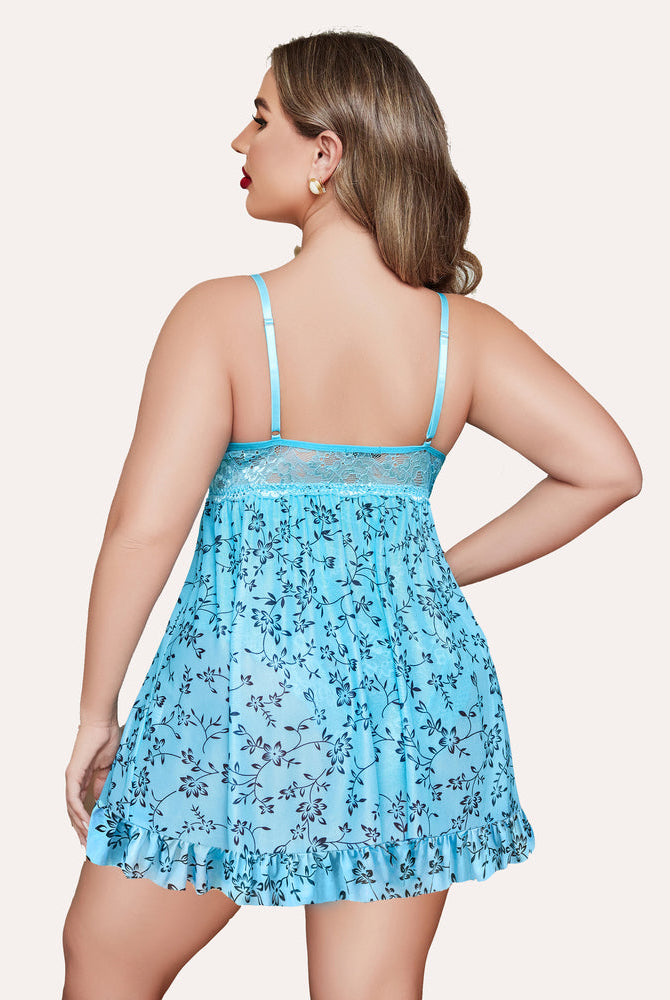 Plus Size Floral Print Babydoll Lingerie with Lace Bodice and Adjustable Straps