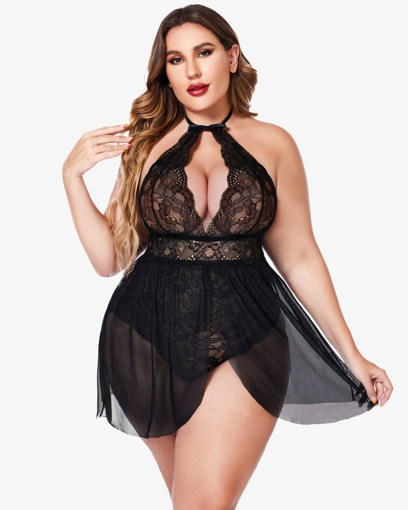 Plus size black lace babydoll with halter neck and snap crotch, perfect lingerie for confident women