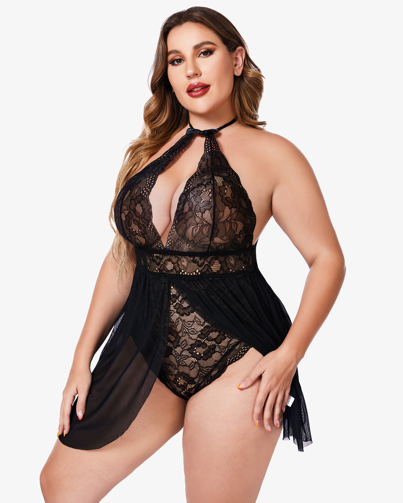 Plus size black lace babydoll with halter neck and snap crotch. Sexy lingerie.