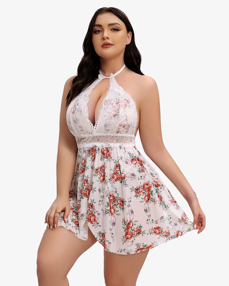 Plus size floral halter neck babydoll lingerie, featuring lace detailing and a flattering fit.