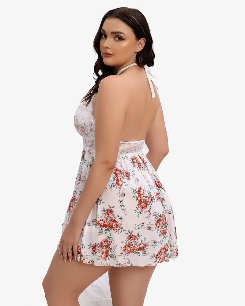 Plus size floral print babydoll lingerie with halter neck and snap crotch for confident women