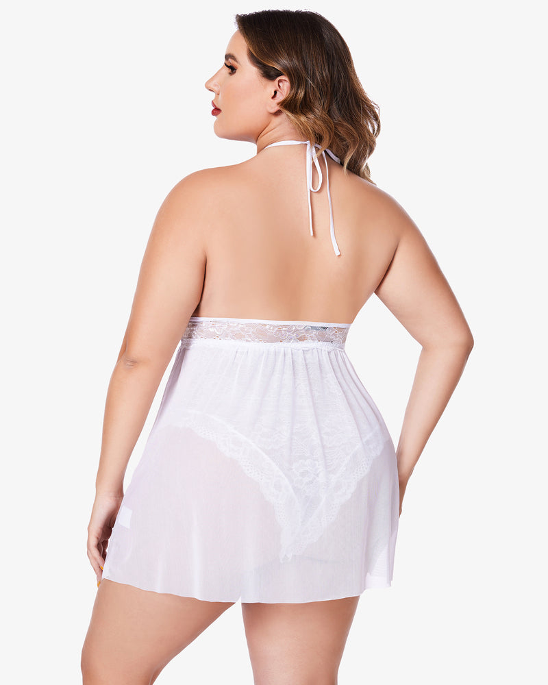 Plus size white lace babydoll lingerie with halter neck and snap crotch