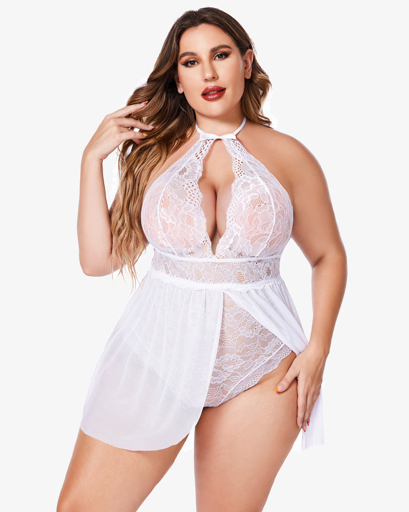 Plus Size White Lace Halter Neck Babydoll with Snap Crotch. Sexy lingerie for confident women.