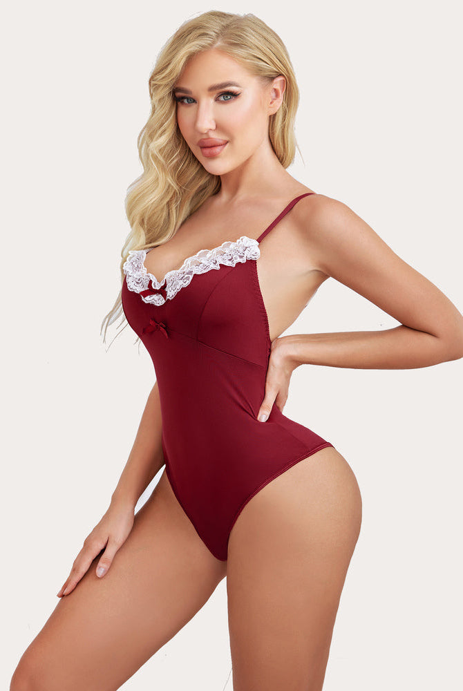Burgundy teddy lingerie with lace trim, bow details, creating a sexy look for women.