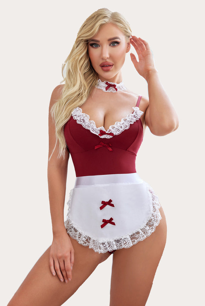 Burgundy maid lingerie set with lace trim, apron, choker, creating a sexy and charming look.
