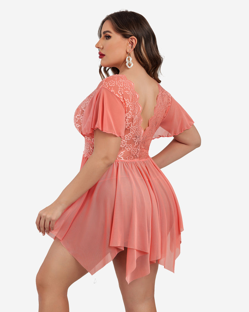 Plus Size Coral Babydoll Lingerie with Floral Lace, Deep V-Neck and Asymmetrical Hem