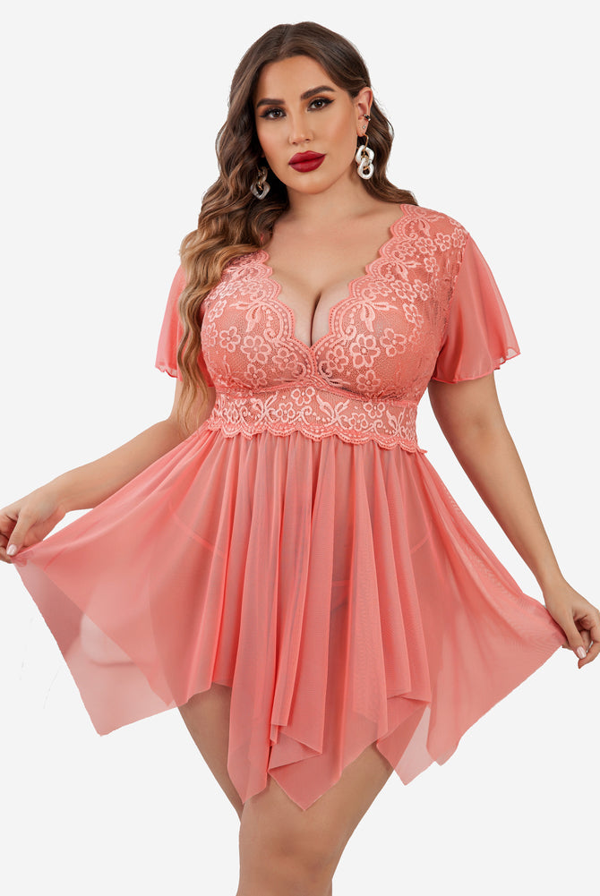 Plus Size Coral Babydoll Lingerie with Floral Lace, Deep V-Neck, Asymmetrical Hem