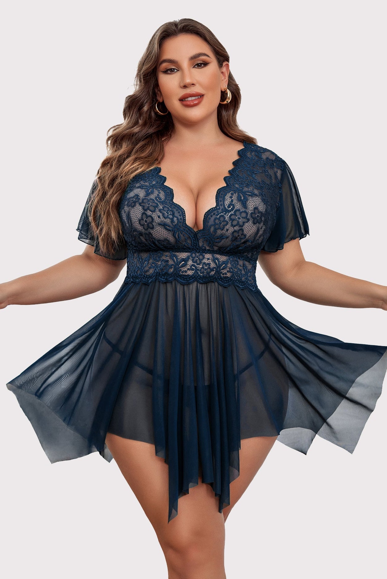 Plus Size Navy Babydoll Lingerie with Floral Lace, Deep V-Neck and Asymmetrical Hem