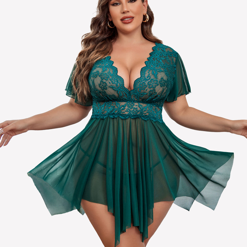 Plus Size Teal Babydoll Lingerie with Floral Lace, Deep V-Neck and Asymmetrical Hem