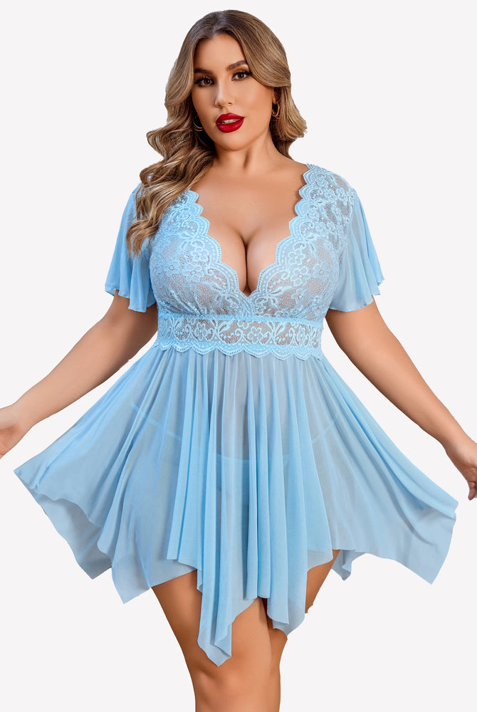 Plus Size Light Blue Babydoll Lingerie with Floral Lace, Deep V-Neck and Asymmetrical Hem