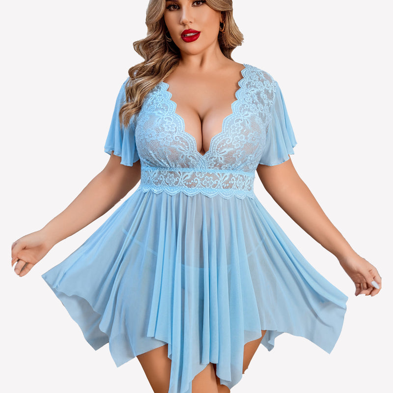 Plus Size Light Blue Babydoll Lingerie with Floral Lace, Deep V-Neck and Asymmetrical Hem
