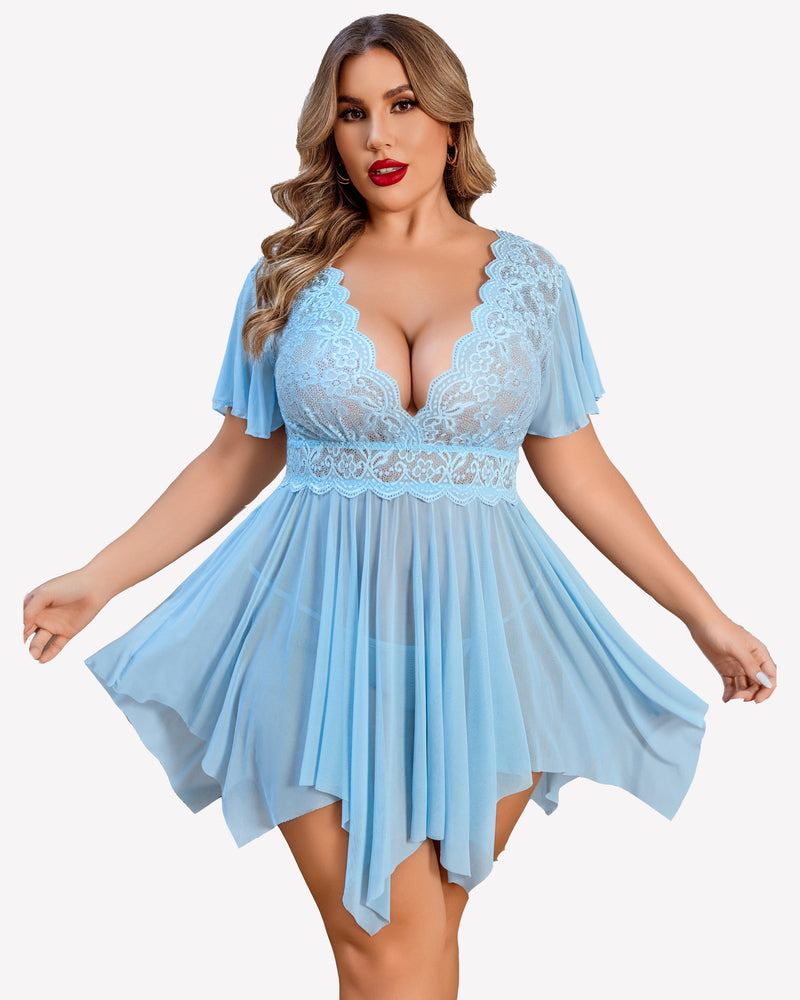 Plus Size Light Blue Babydoll Lingerie with Floral Lace, Deep V-Neck and Asymmetrical Hem