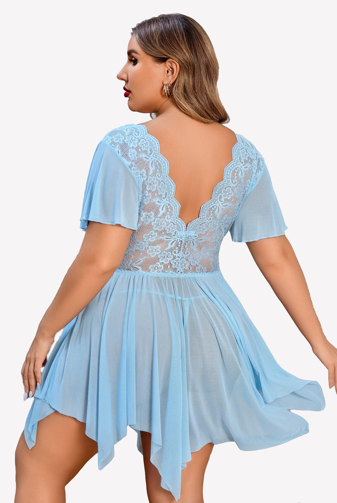 Plus Size Light Blue Babydoll Lingerie with Floral Lace, Deep V-Neck, and Asymmetrical Hem.