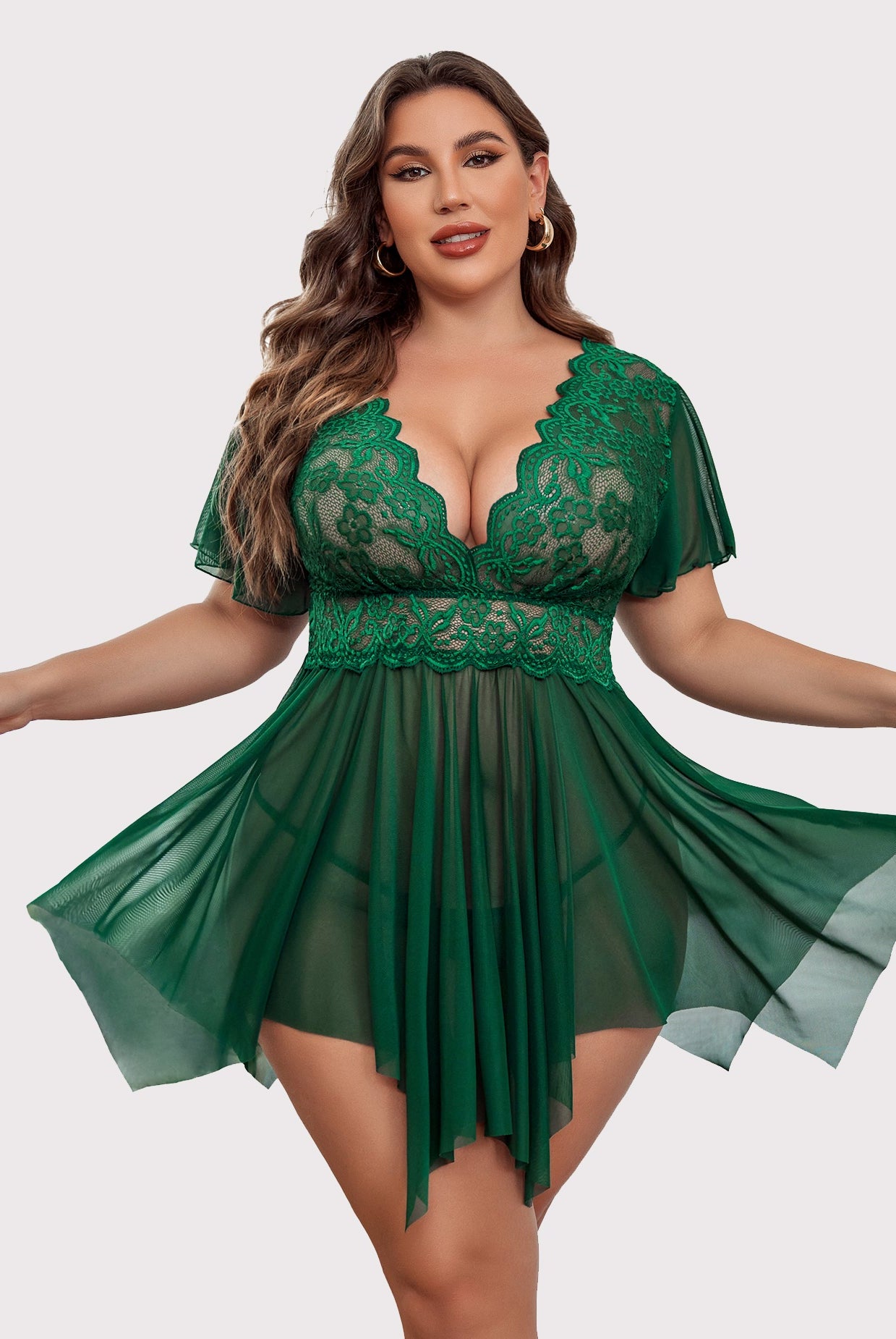 Plus Size Emerald Green Babydoll Lingerie with Lace and Asymmetrical Hem