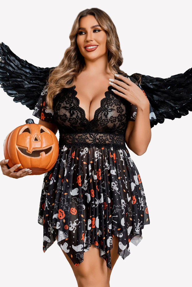 Plus Size Halloween Babydoll Lingerie with Floral Lace, Deep V-Neck, Asymmetrical Hem, Angel Wings