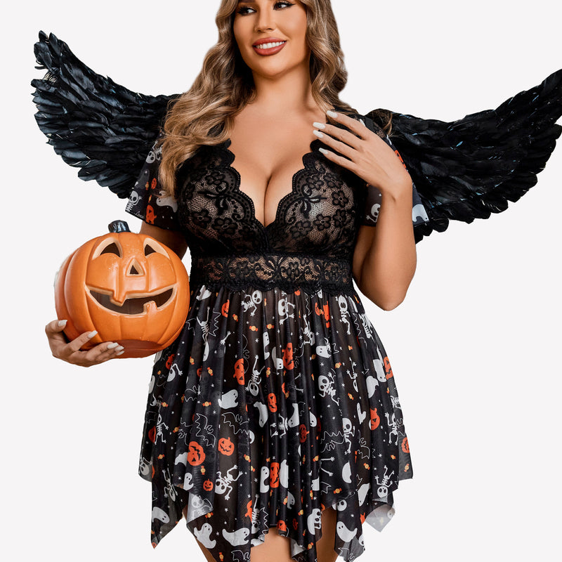Plus Size Halloween Babydoll Lingerie with Floral Lace, Deep V-Neck, Asymmetrical Hem, Angel Wings