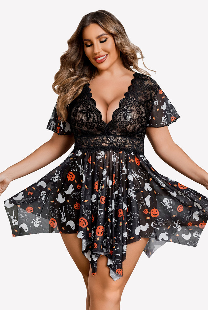 Plus size Halloween babydoll lingerie with floral lace, deep V-neck, and asymmetrical hem