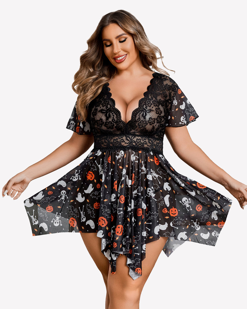 Plus size Halloween babydoll lingerie with floral lace, deep V-neck, and asymmetrical hem