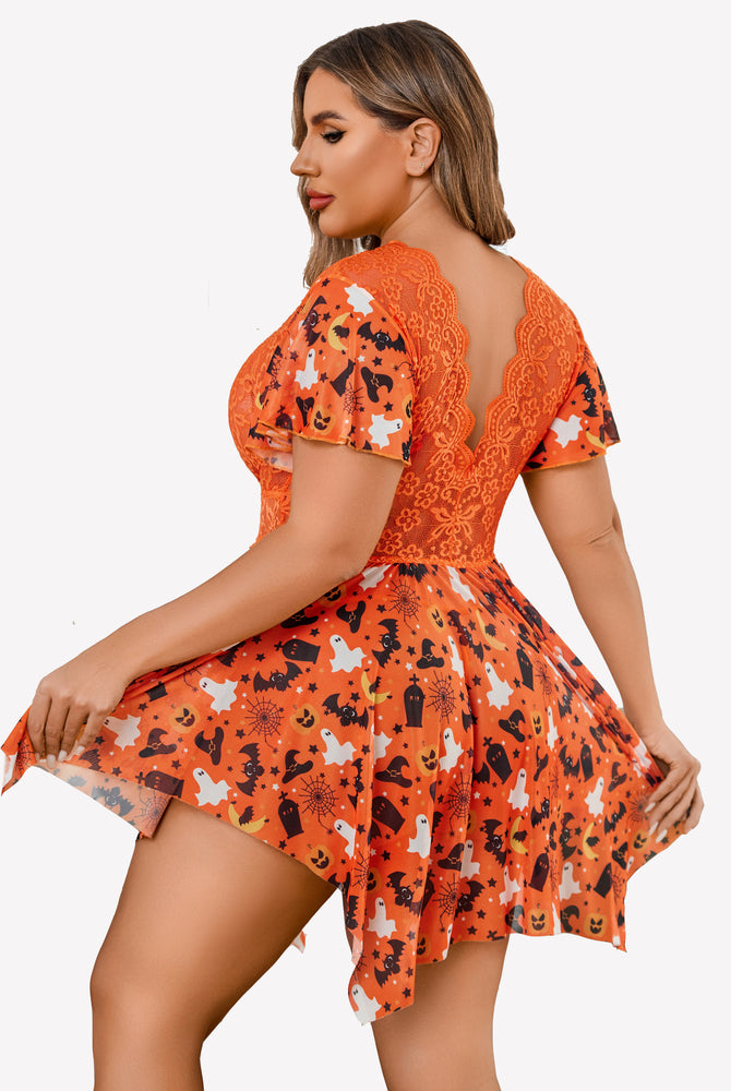 Plus Size Halloween Babydoll Lingerie with Floral Lace, Deep V-Neck and Asymmetrical Hem