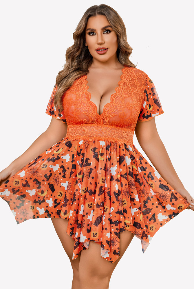 Plus size Halloween babydoll lingerie with orange floral lace, deep V-neck, and asymmetrical hem