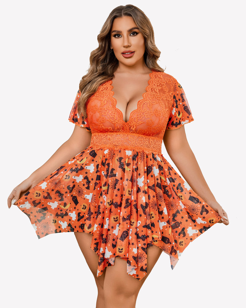 Plus size Halloween babydoll lingerie with orange floral lace, deep V-neck, and asymmetrical hem