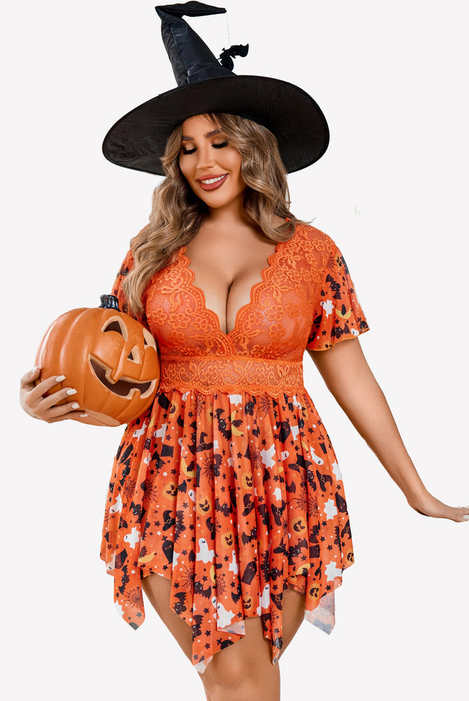 Plus Size Halloween Lingerie: Orange Lace Babydoll, Witch Hat, Pumpkin, Asymmetrical Hem